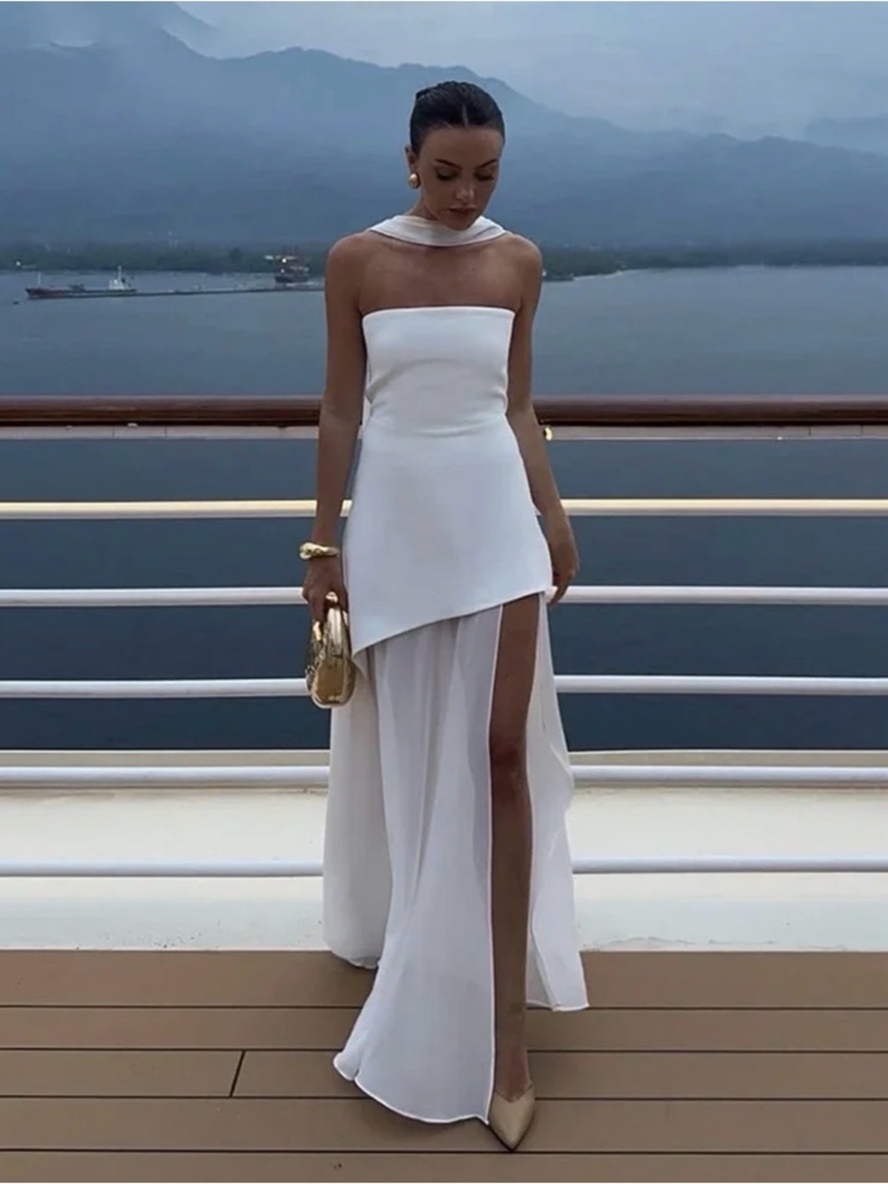 NEVER WORN - Elegant White Strapless Chiffon Asymmetrical Maxi Dress